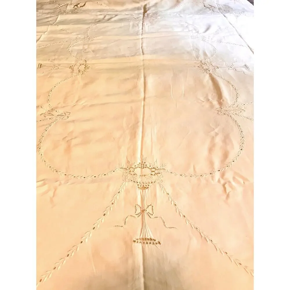 vintage cut thread work embroidery cotton white tablecloth or bed cover